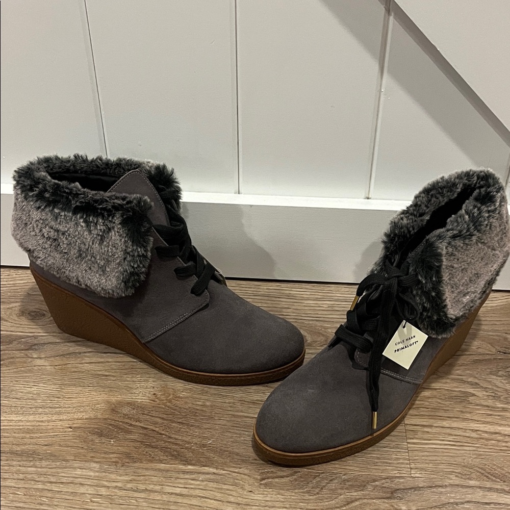 Cole Haan Gray Faux Fur Lined Wedge Ankle Boots